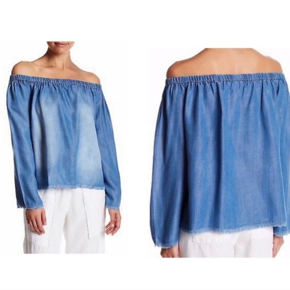 Anthropologie Cloth & Stone Blue Chambray Off Shoulder Top, Size Small